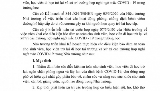 Kế hoạch triển khai thực hiện các hoạt động đảm bảo an toàn cho sinh viên , học viên đi học trở lại và xử lý các trường hợp nghi ngờ mắc COVID-19 trong trường học